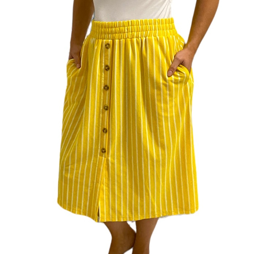 Tickled Teal yellow and white stripped Button Skirt- size small-